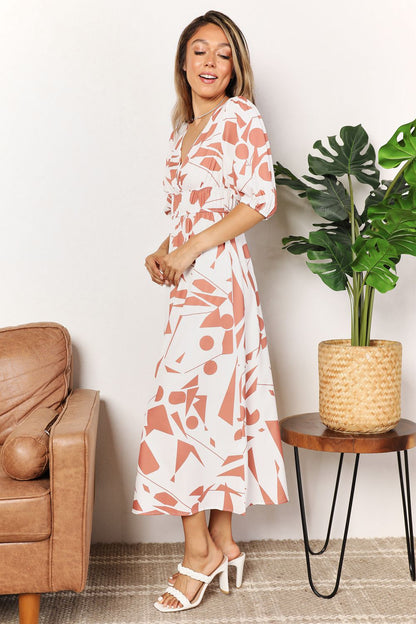 Printed Surplice Balloon Sleeve Dress - UrbanEthereal