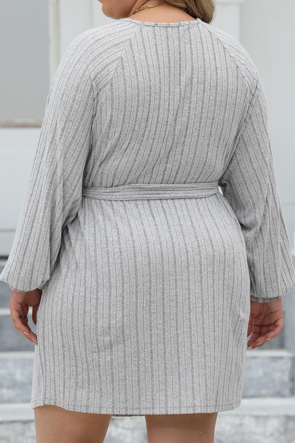 Plus Size Ribbed Tie Front Long Sleeve Sweater Dress - UrbanEthereal