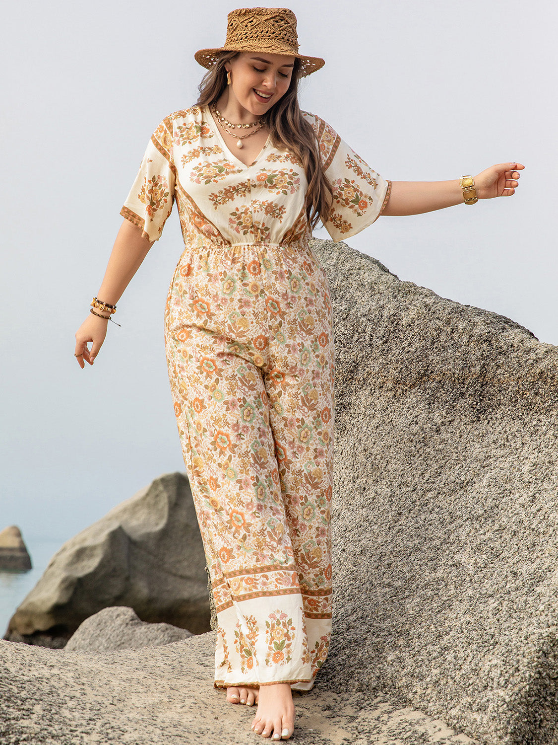 Plus Size V-Neck Flutter Sleeve Wide Leg Jumpsuit - UrbanEthereal