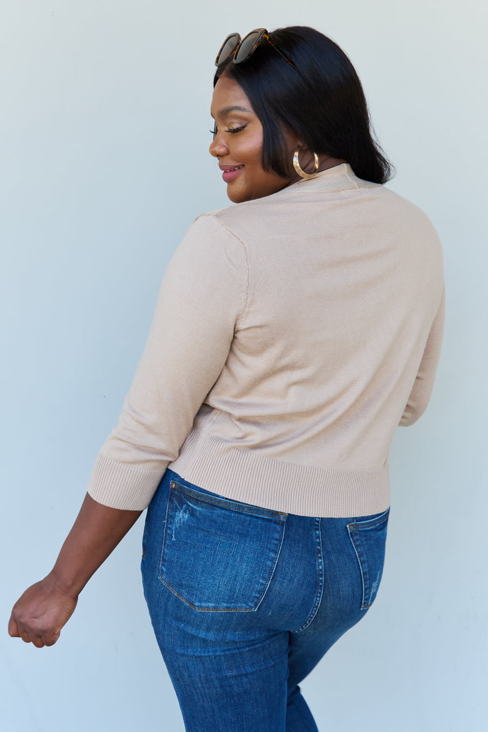 Doublju My Favorite Full Size 3/4 Sleeve Cropped Cardigan in Khaki - UrbanEthereal
