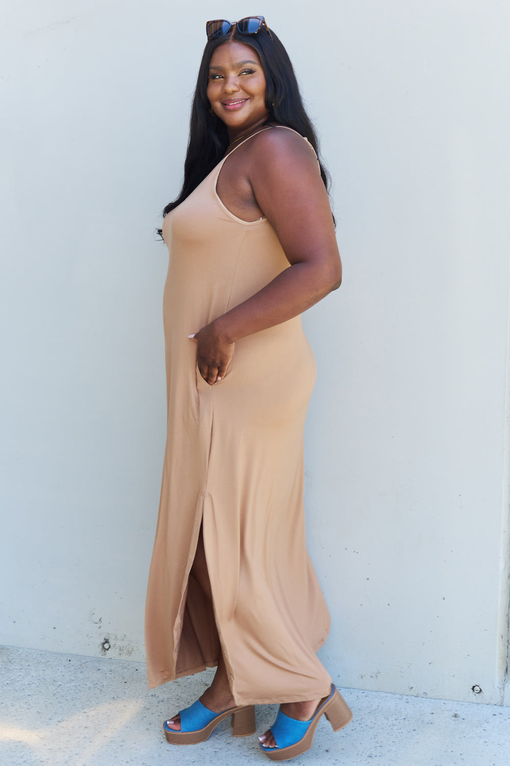 Ninexis Good Energy Full Size Cami Side Slit Maxi Dress in Camel - UrbanEthereal