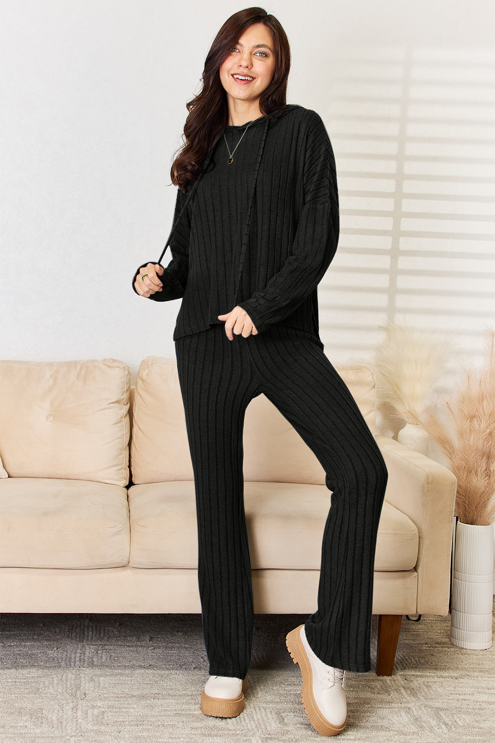 Basic Bae Full Size Ribbed Drawstring Hooded Top and Straight Pants Set - UrbanEthereal