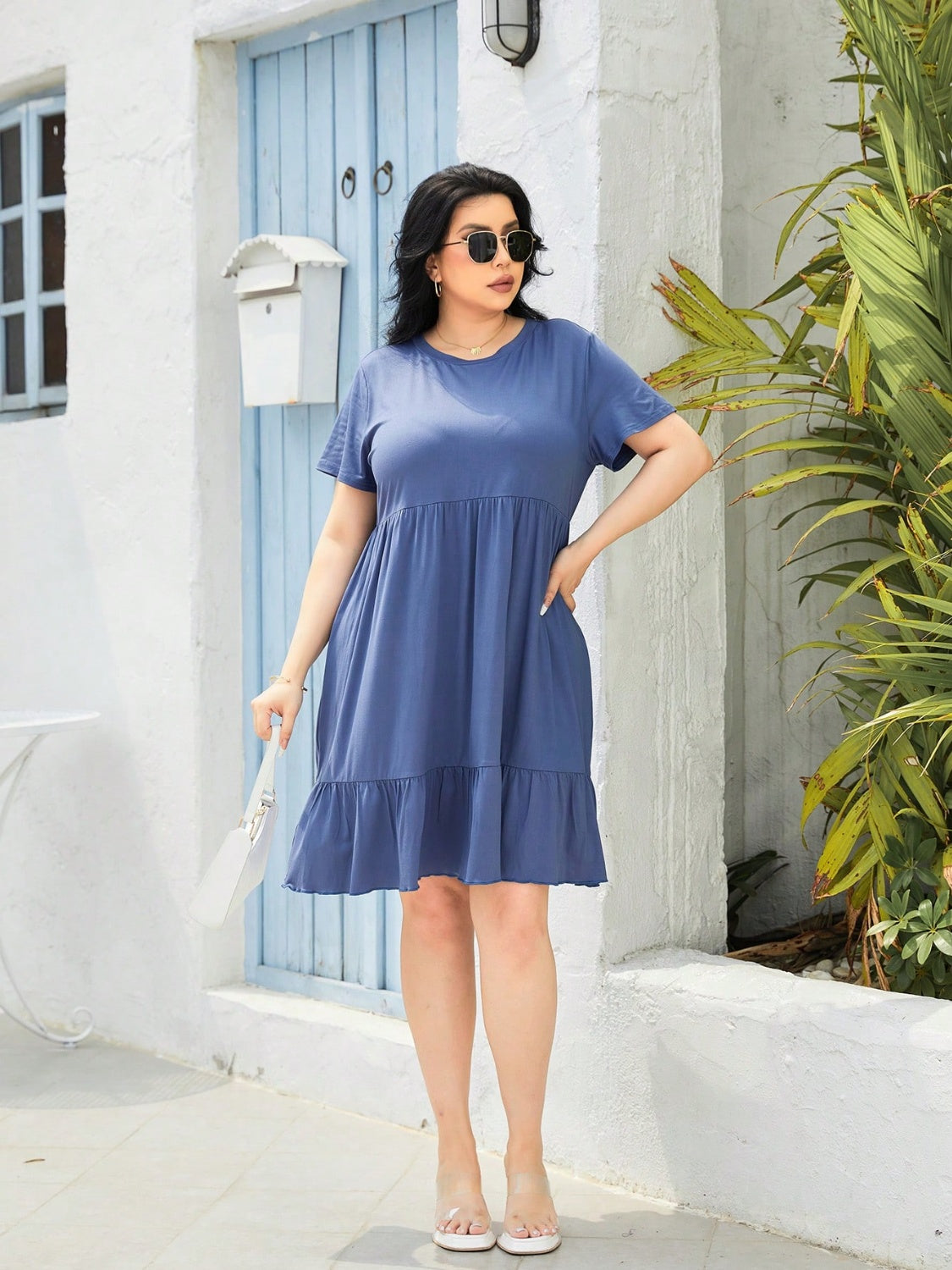Plus Size Round Neck Short Sleeve Dress - UrbanEthereal