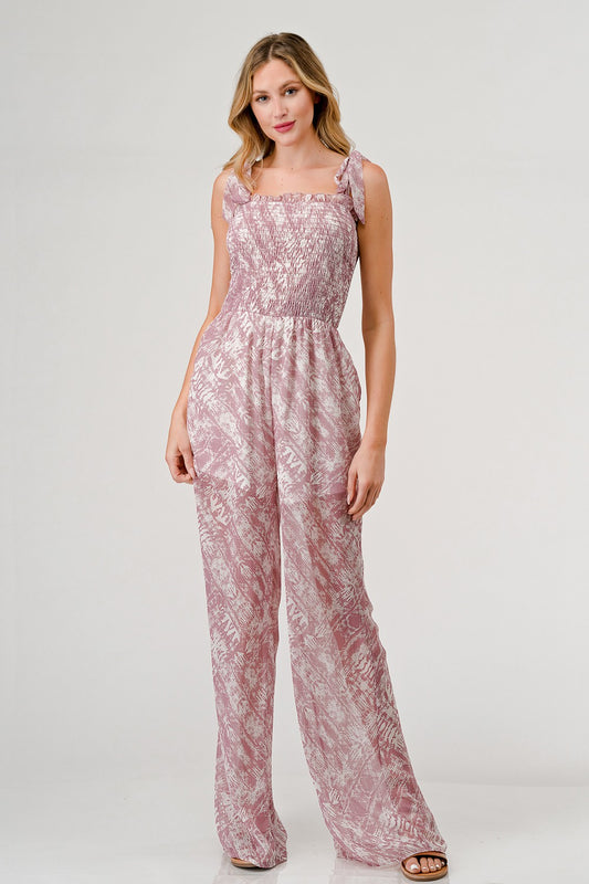 GeeGee Printed Tie Shoulder Wide Leg Jumpsuit - UrbanEthereal