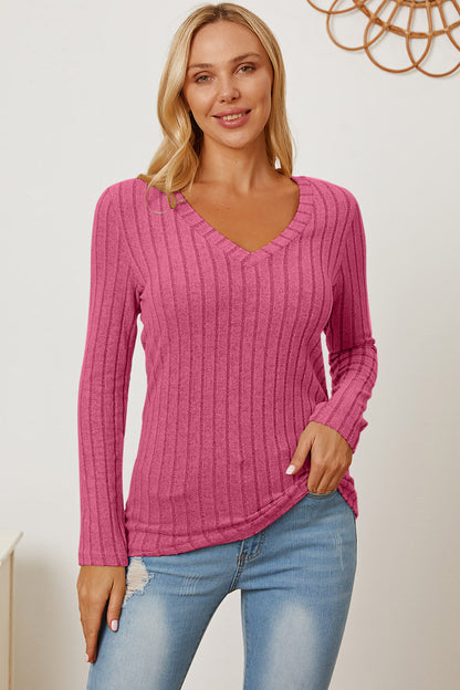 Basic Bae Full Size Ribbed V-Neck Long Sleeve T-Shirt