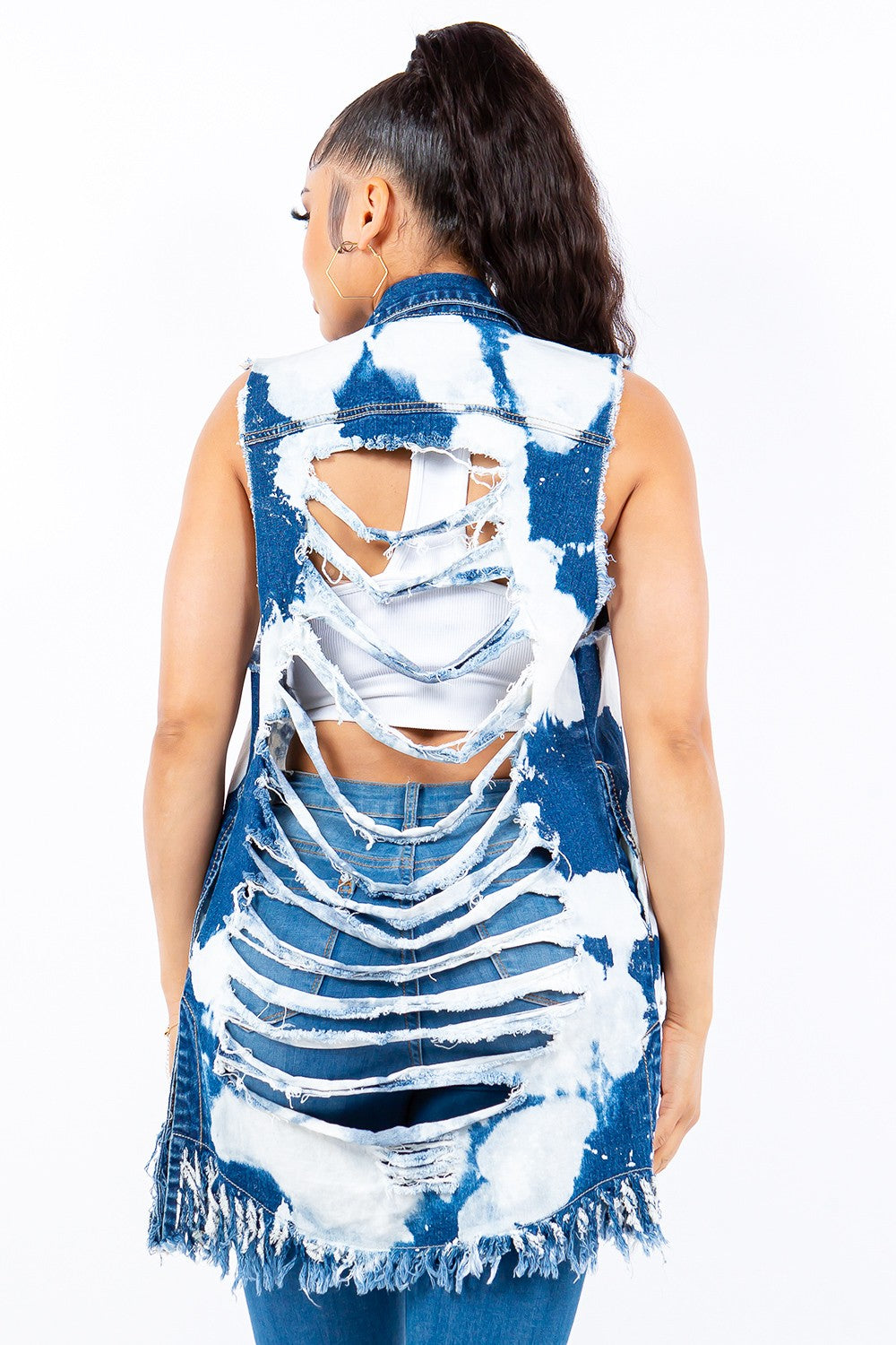 American Bazi Distressed Frayed Edge Longline Denim Vest - UrbanEthereal