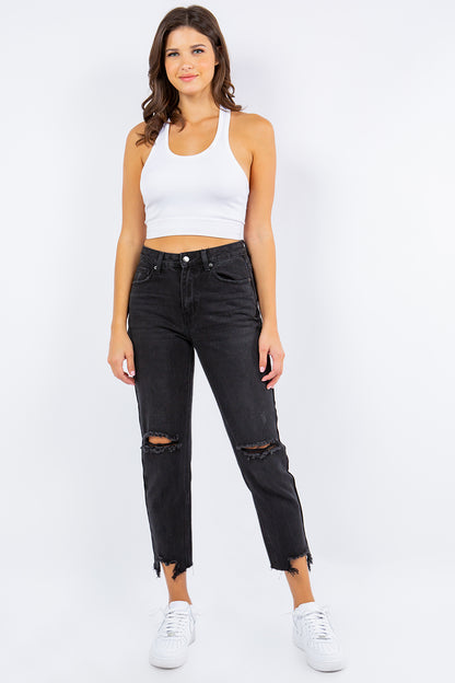 American Bazi High Waist Distressed Cropped Straight Jeans - UrbanEthereal