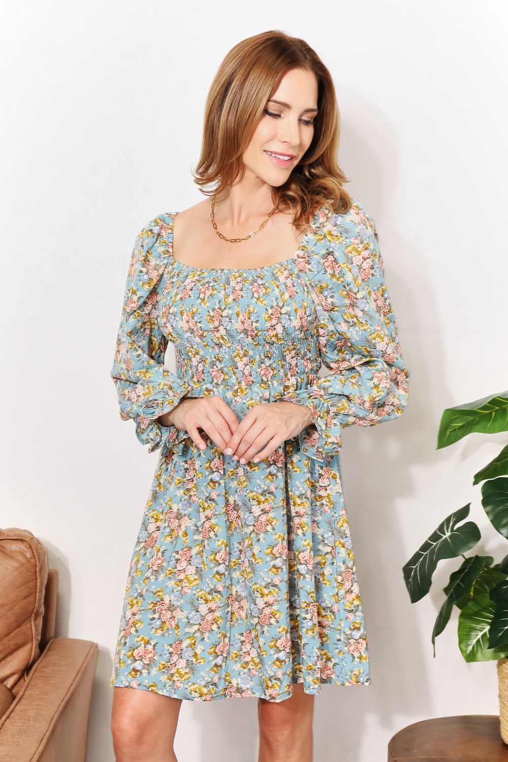Floral Smocked Flounce Sleeve Square Neck Dress - UrbanEthereal
