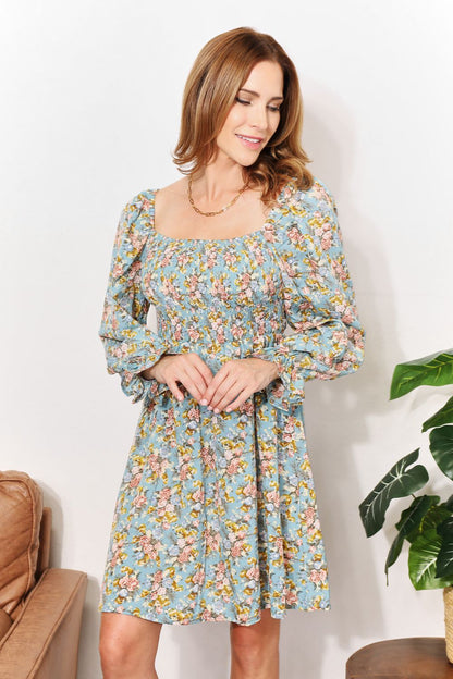 Floral Smocked Flounce Sleeve Square Neck Dress - UrbanEthereal