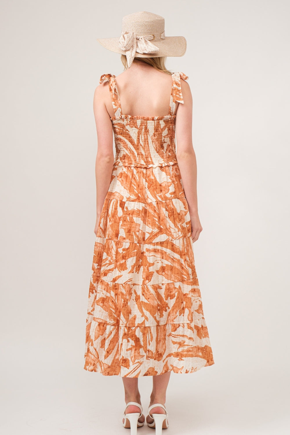 And The Why Tie Shoulder Smocked Midi Tiered Dress - UrbanEthereal