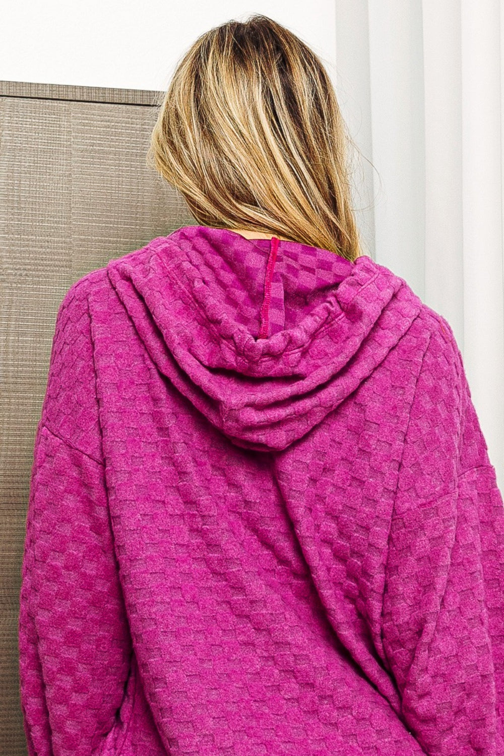 BiBi Brushed Checker Drawstring Long Sleeve Hoodie - UrbanEthereal