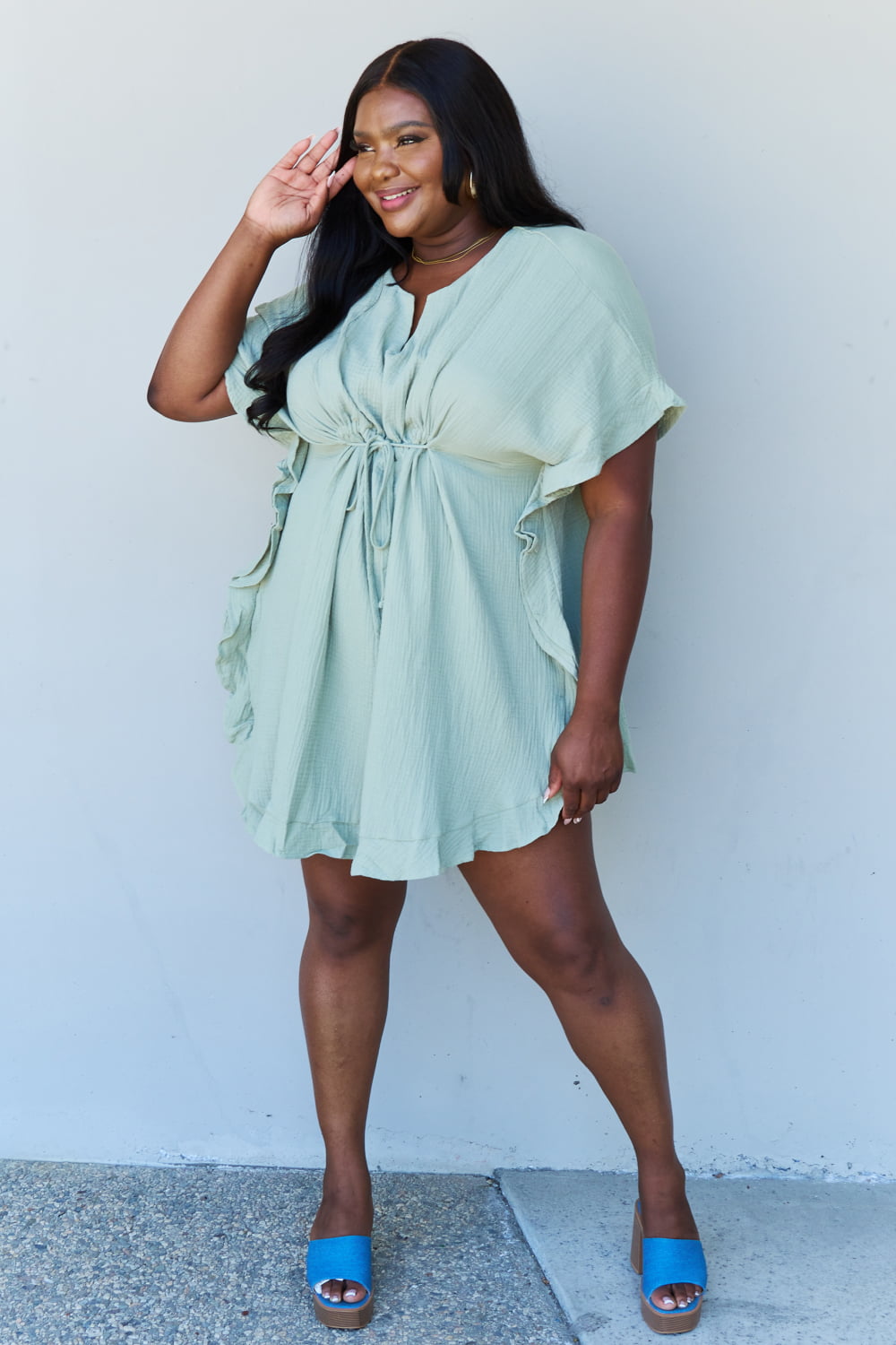 Ninexis Out Of Time Full Size Ruffle Hem Dress with Drawstring Waistband in Light Sage - UrbanEthereal