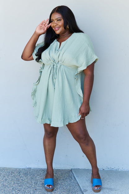Ninexis Out Of Time Full Size Ruffle Hem Dress with Drawstring Waistband in Light Sage - UrbanEthereal
