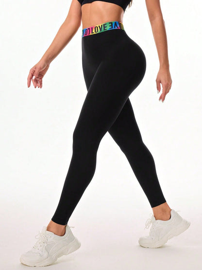 Letter Printed High Waist Active Leggings - UrbanEthereal