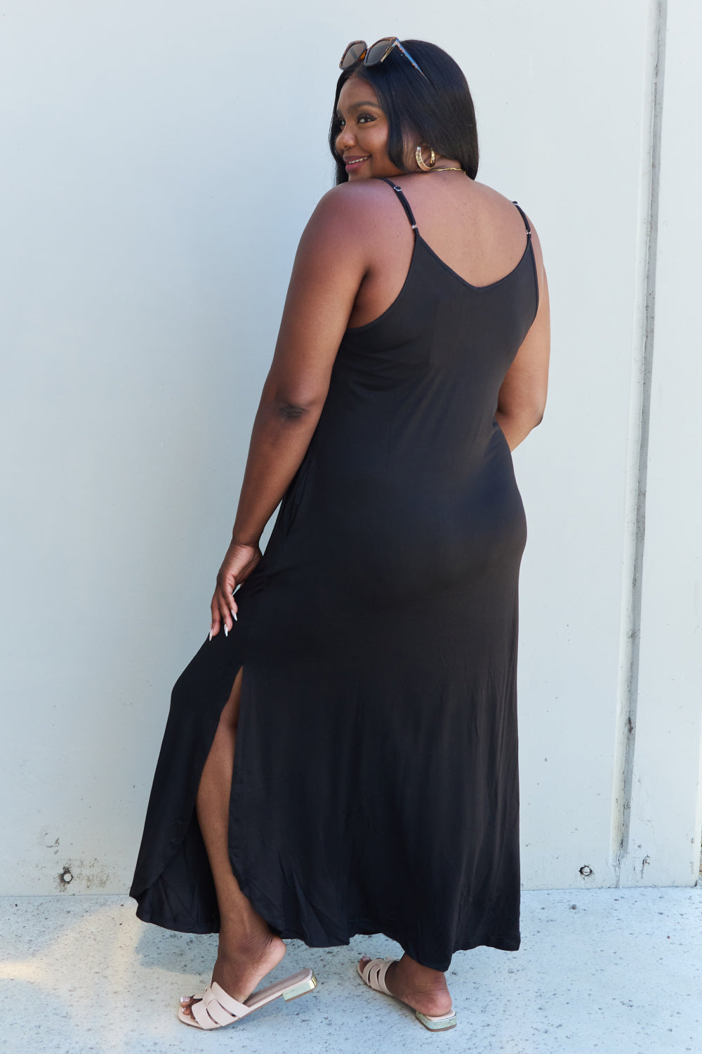 Ninexis Good Energy Full Size Cami Side Slit Maxi Dress in Black - UrbanEthereal