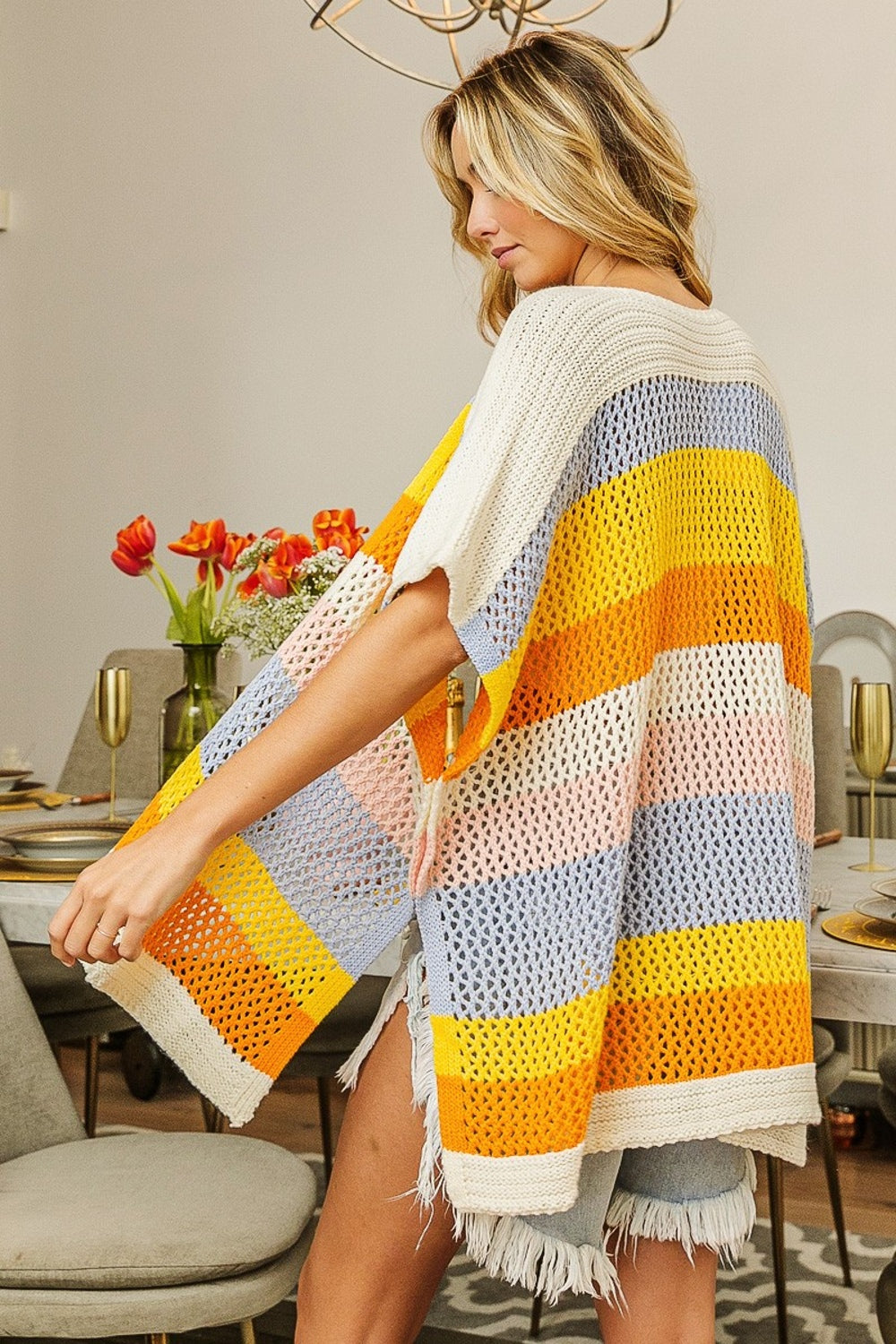 BiBi Openwork Striped Open Front Knit Cardigan - UrbanEthereal