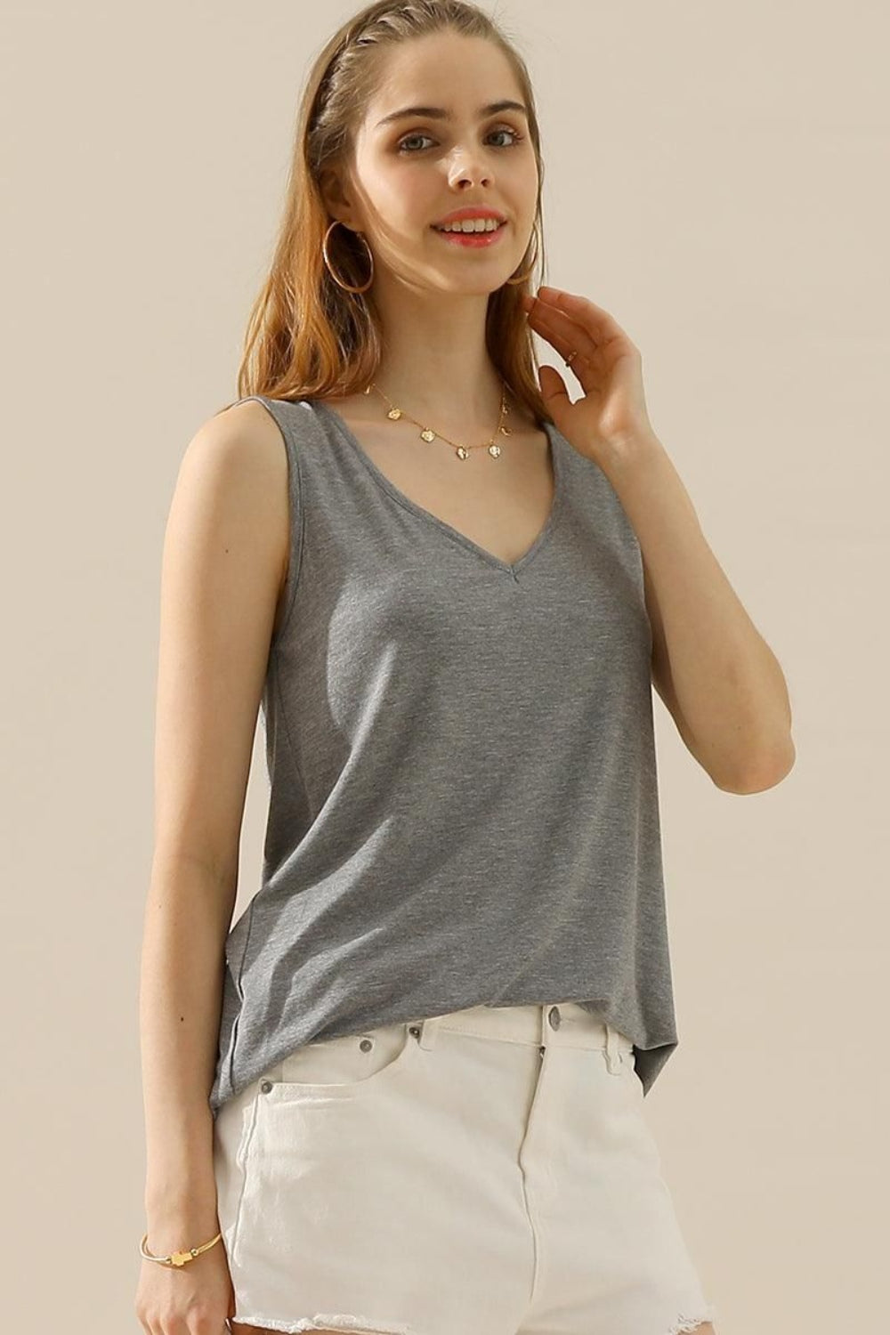 Ninexis Full Size V-Neck Curved Hem Tank - UrbanEthereal