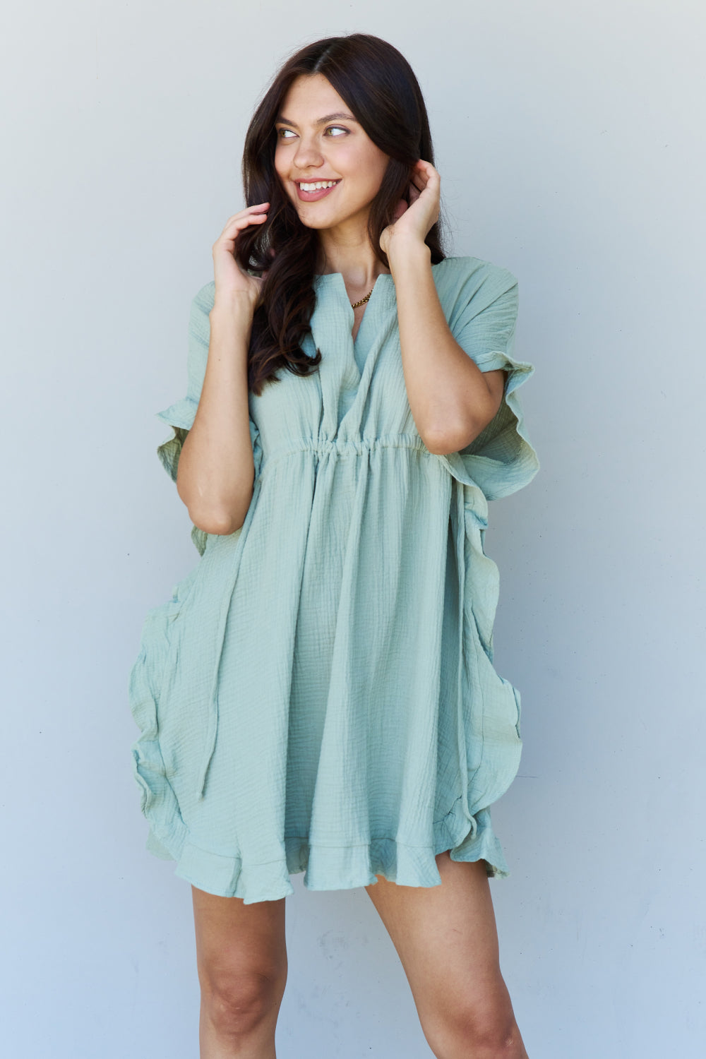 Ninexis Out Of Time Full Size Ruffle Hem Dress with Drawstring Waistband in Light Sage - UrbanEthereal