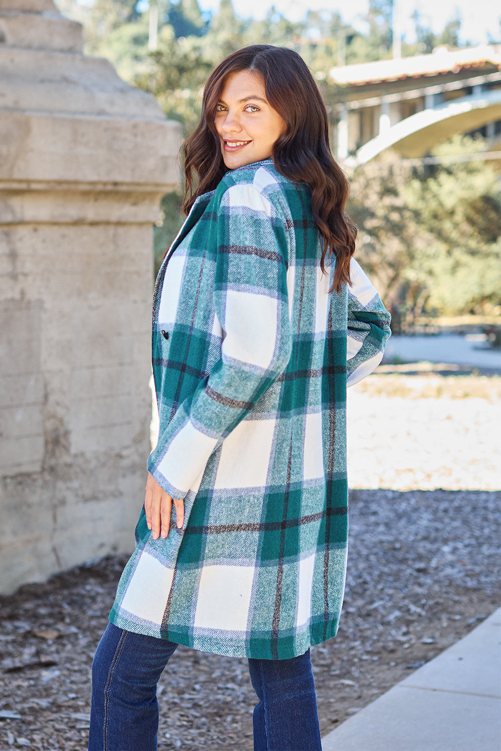 Double Take Full Size Plaid Button Up Lapel Collar Coat - UrbanEthereal