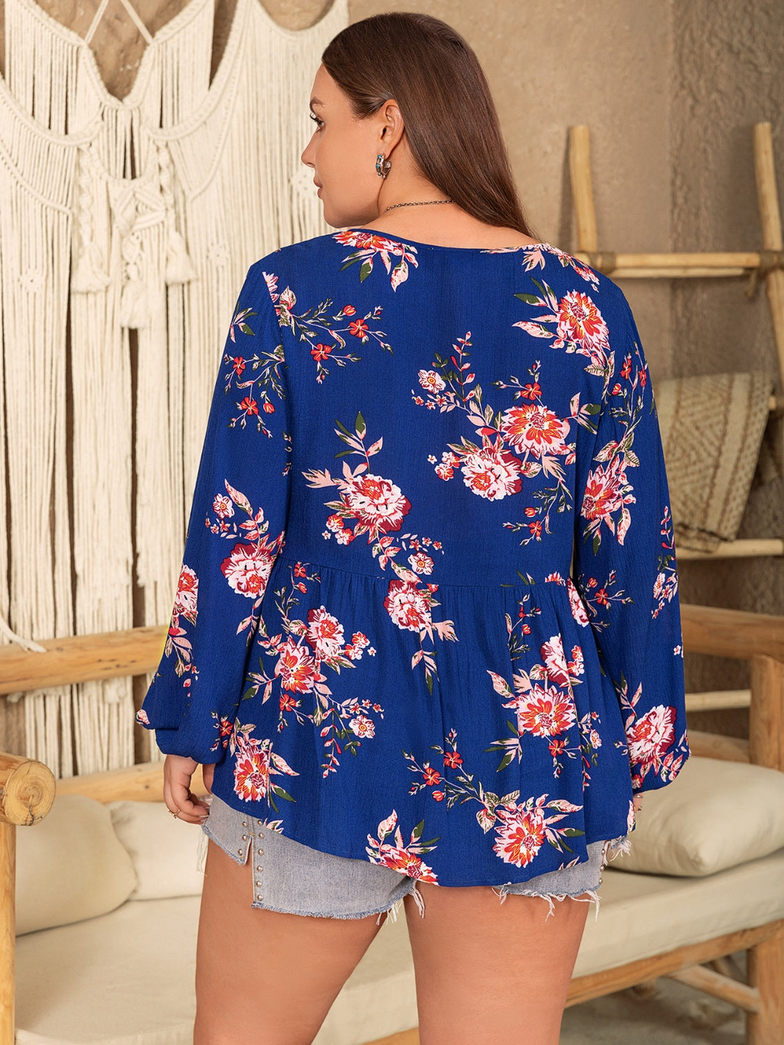Plus Size Printed Tie Neck Balloon Sleeve Blouse - UrbanEthereal