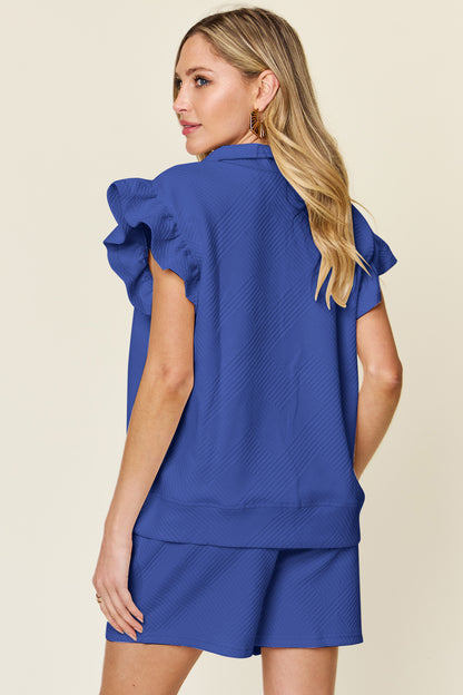 Double Take Full Size Texture Flounce Sleeve Top and Drawstring Shorts Set - UrbanEthereal