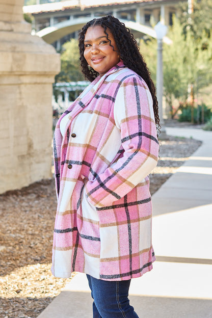 Double Take Full Size Plaid Button Up Lapel Collar Coat - UrbanEthereal