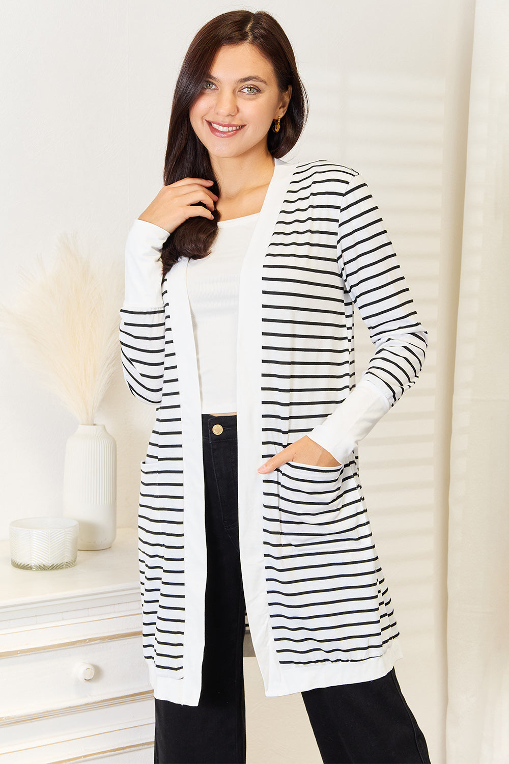 Double Take Striped Open Front Longline Cardigan - UrbanEthereal