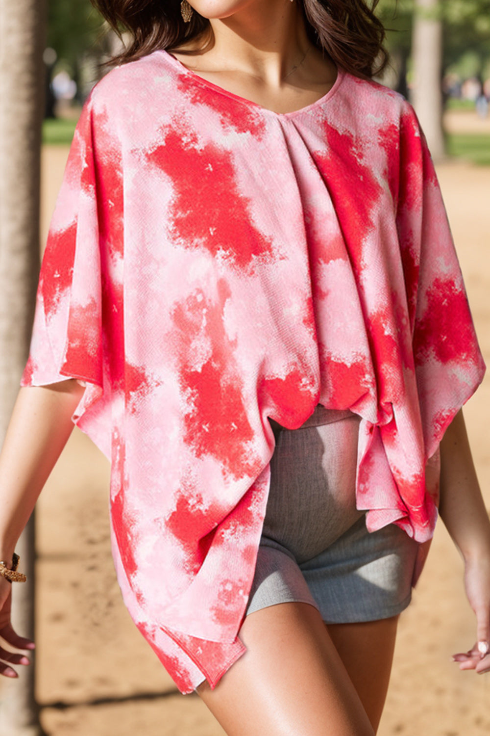 Plus Size Tie-Dye V-Neck Half Sleeve Blouse - UrbanEthereal