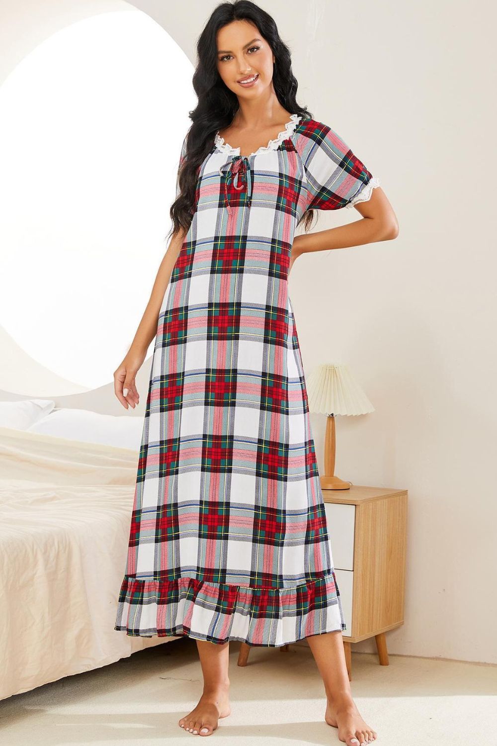 Plaid Lace Trim Ruffle Hem Night Dress