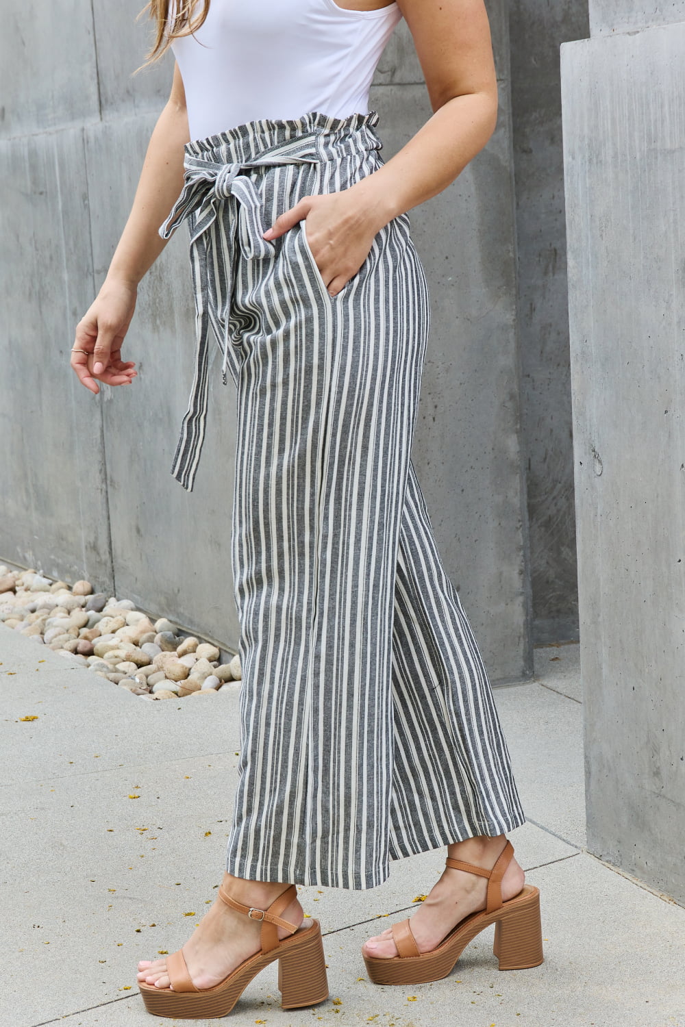 Heimish Find Your Path Full Size Paperbag Waist Striped Culotte Pants - UrbanEthereal