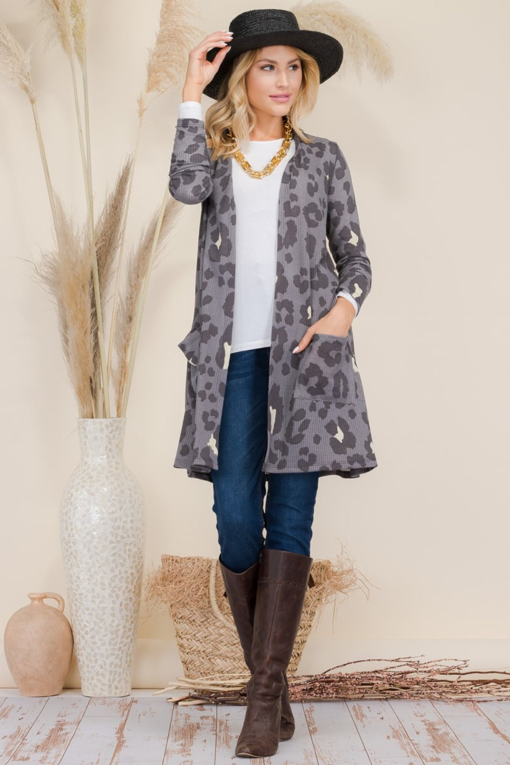 Celeste Full Size Leopard Open Front Contrast Cardigan - UrbanEthereal