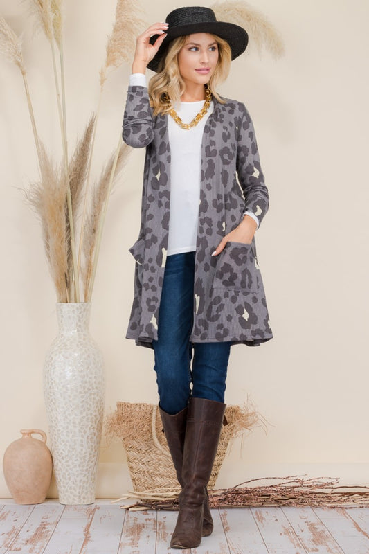 Celeste Full Size Leopard Open Front Contrast Cardigan - UrbanEthereal