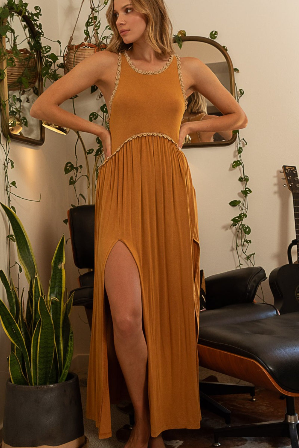 POL Sleeveless Back Zipper Front Slit Maxi Dress - UrbanEthereal