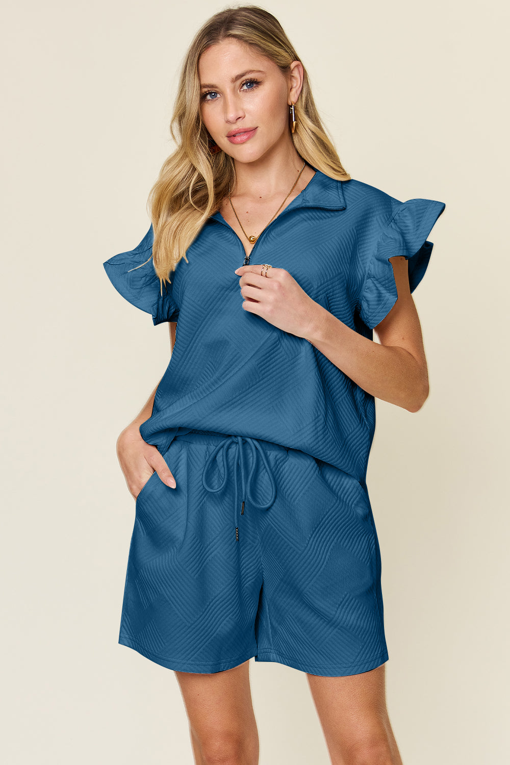 Double Take Full Size Texture Flounce Sleeve Top and Drawstring Shorts Set - UrbanEthereal