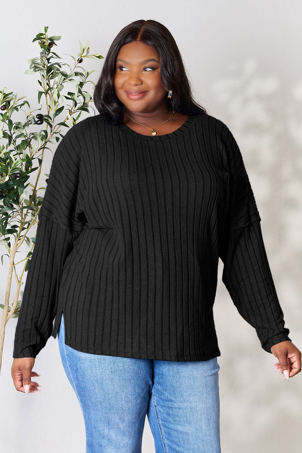 Basic Bae Full Size Ribbed Round Neck Slit Knit Top - UrbanEthereal