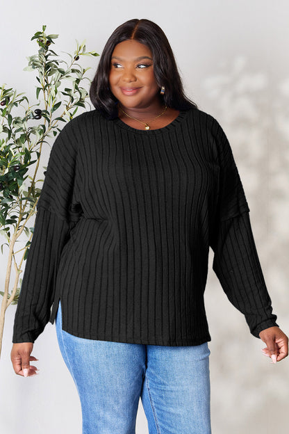 Basic Bae Full Size Ribbed Round Neck Slit Knit Top - UrbanEthereal