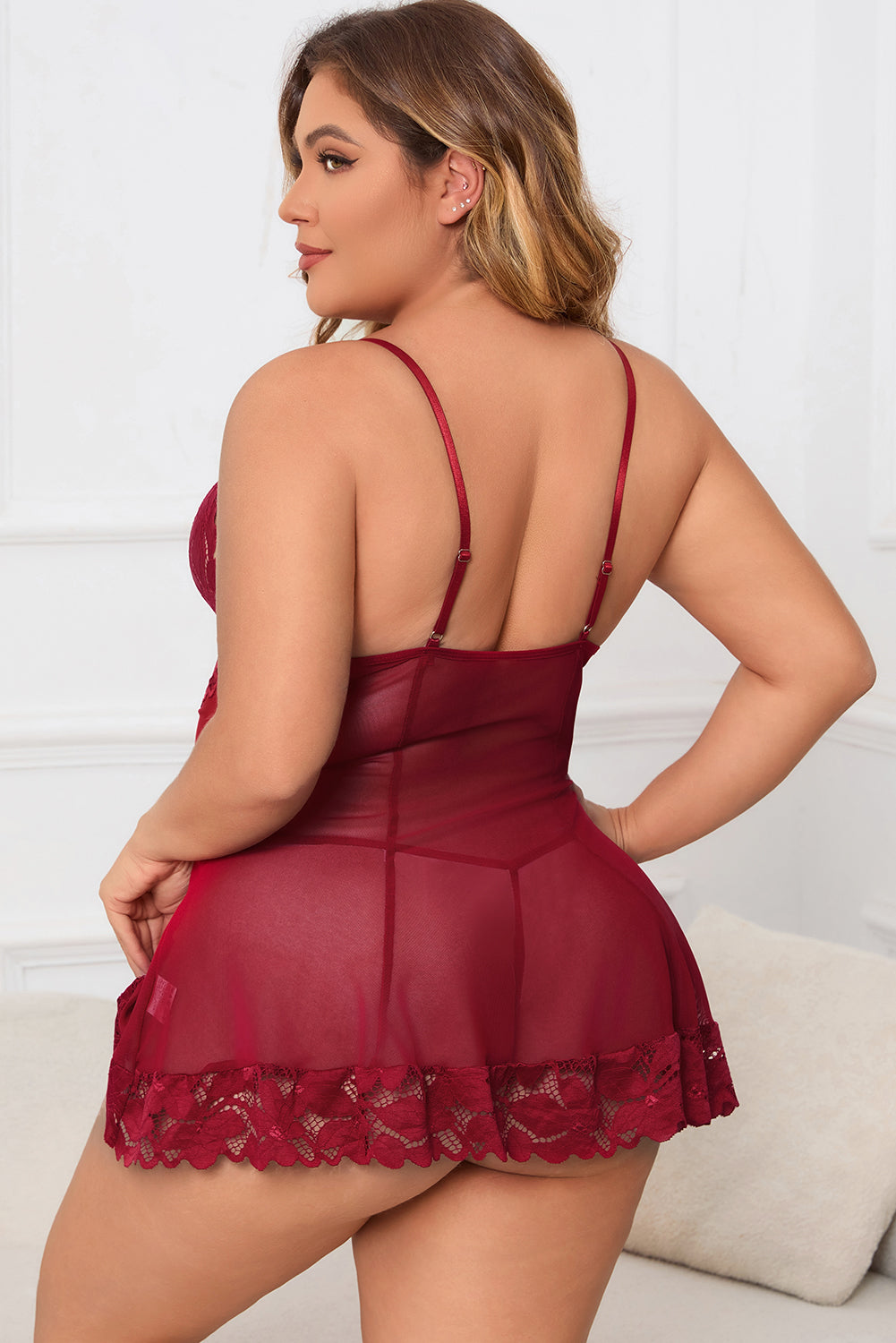 Plus Size Lace Detail Spaghetti Strap Lounge Dress - UrbanEthereal