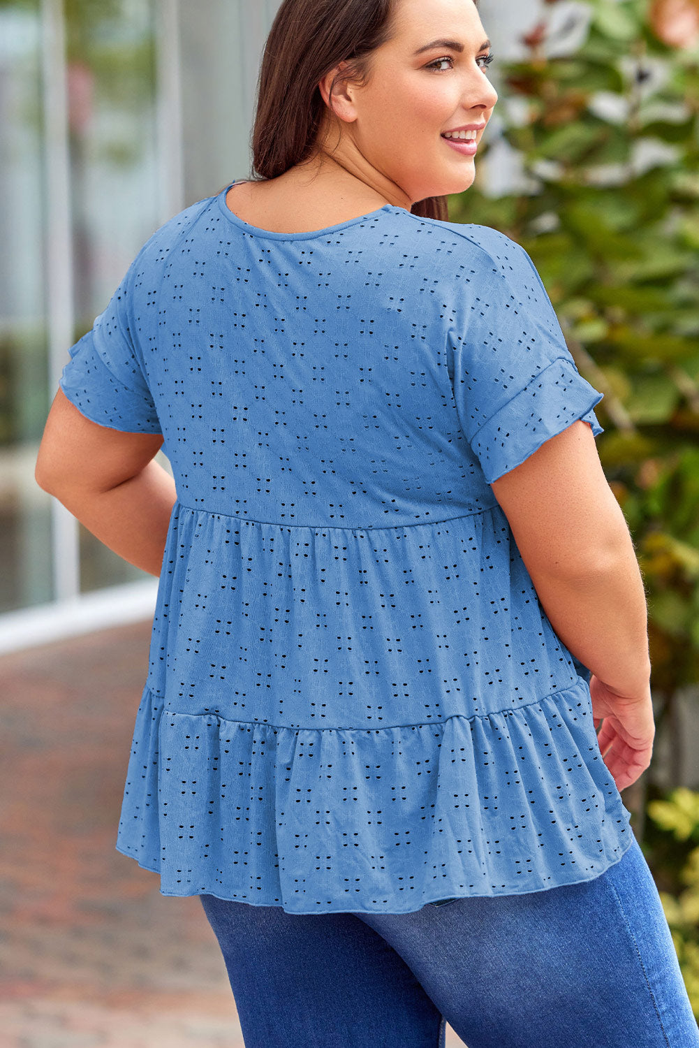 Plus Size Eyelet Round Neck Short Sleeve Blouse - UrbanEthereal