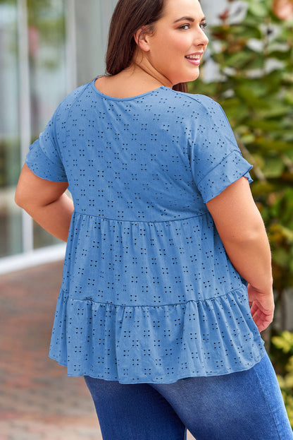 Plus Size Eyelet Round Neck Short Sleeve Blouse - UrbanEthereal