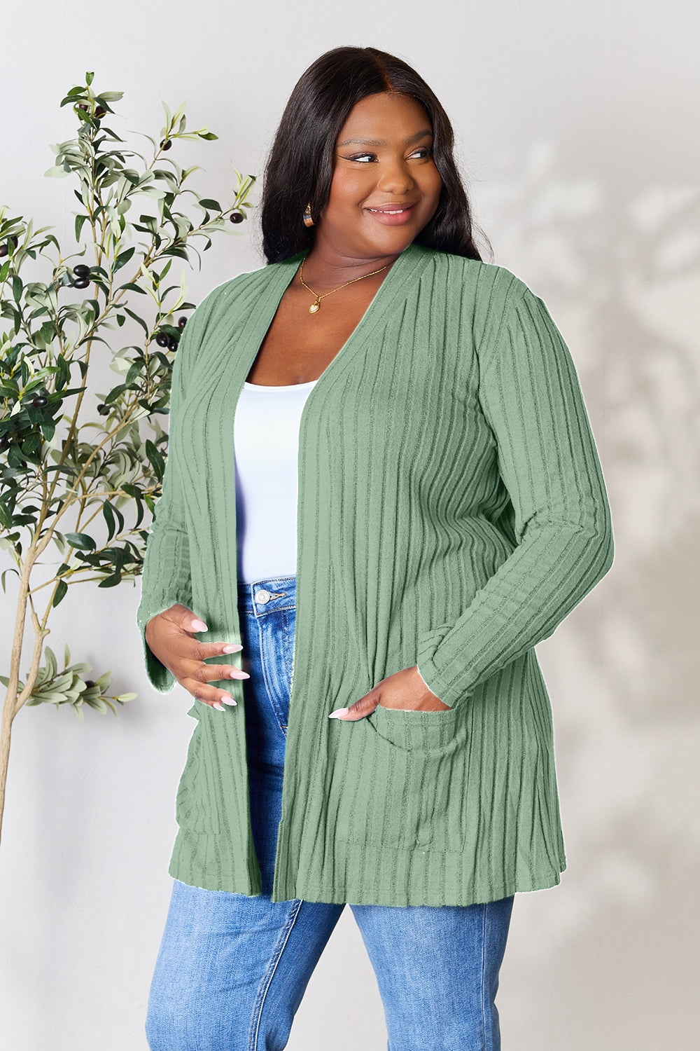 Basic Bae Full Size Ribbed Open Front Cardigan with Pockets - UrbanEthereal