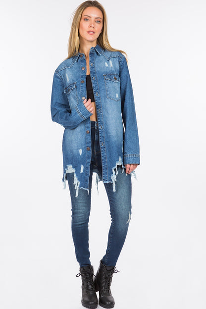 American Bazi Distressed Frayed Hem Denim Jacket - UrbanEthereal