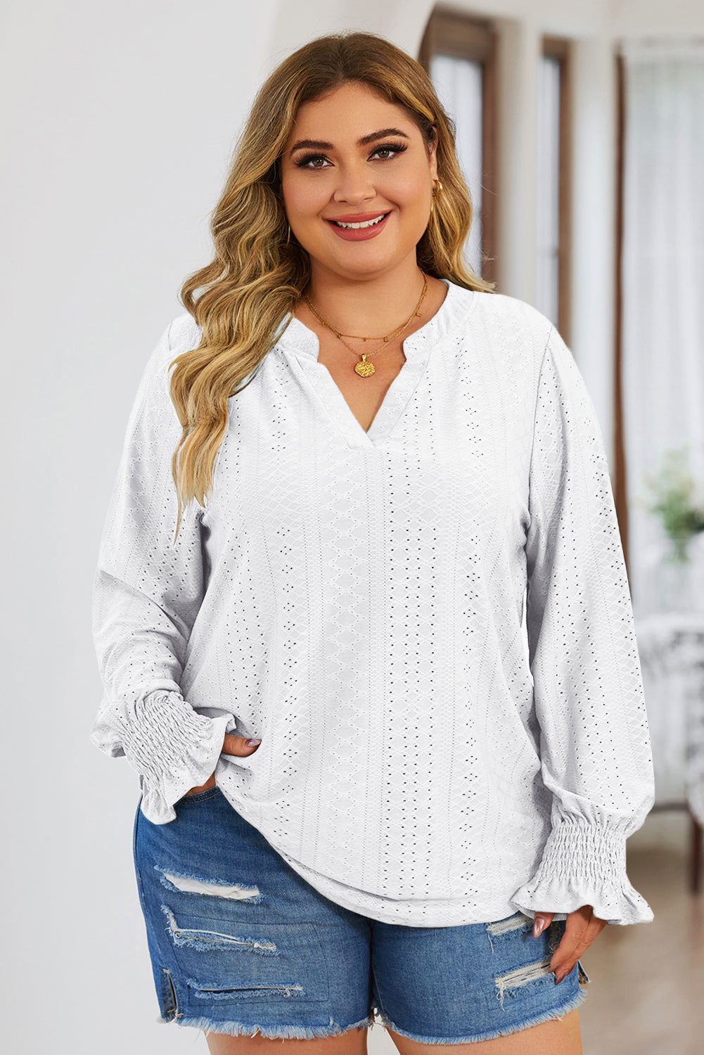 Plus Size Eyelet Notched Flounce Sleeve Blouse - UrbanEthereal