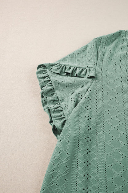 Plus Size Eyelet V-Neck Petal Sleeve Blouse - UrbanEthereal