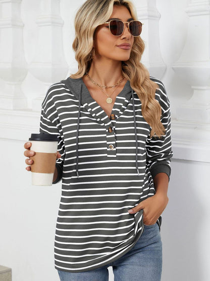 Drawstring Striped Long Sleeve Hoodie