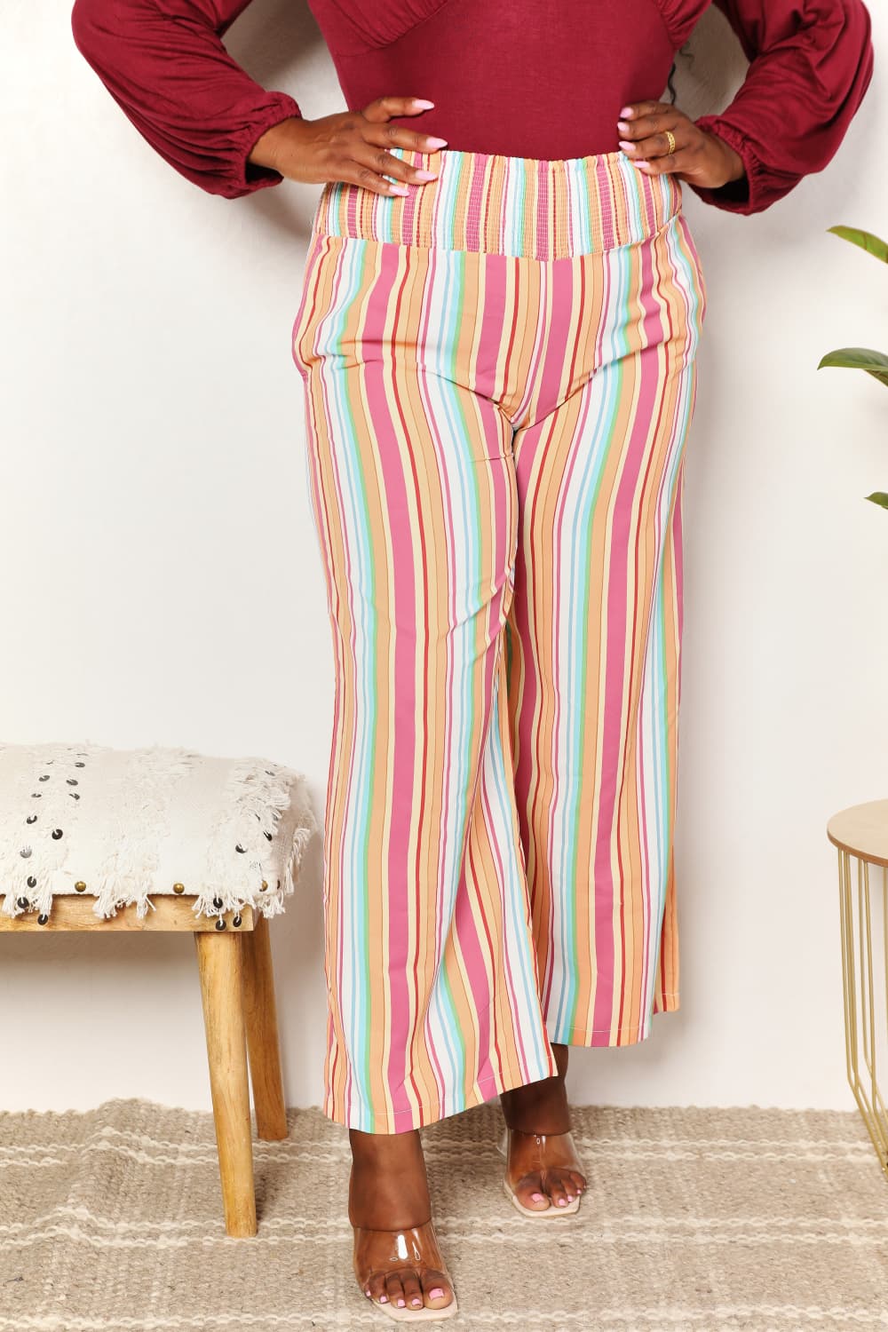 Double Take Striped Smocked Waist Pants with Pockets - UrbanEthereal