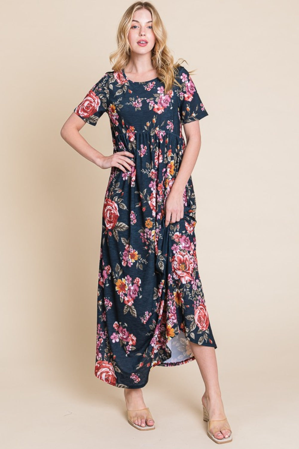BOMBOM Floral Short Sleeve Maxi Dress - UrbanEthereal