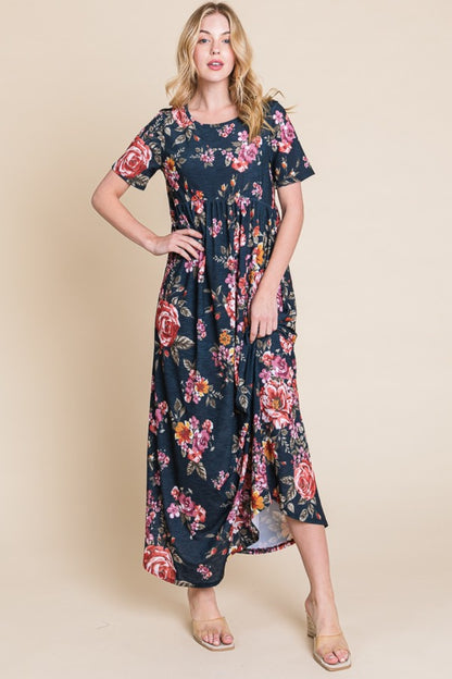 BOMBOM Floral Short Sleeve Maxi Dress - UrbanEthereal