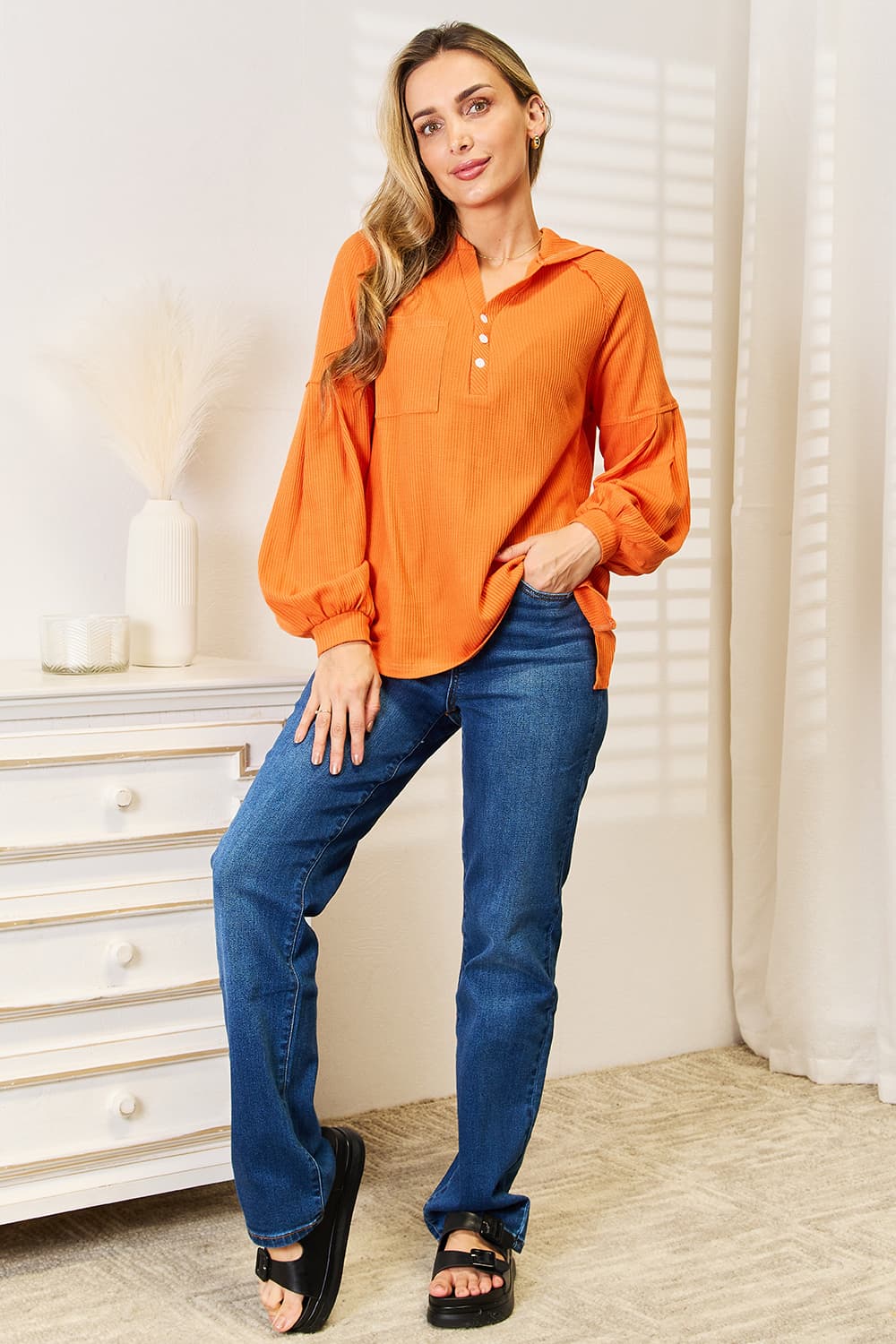 Basic Bae Side Slit Buttoned Waffle Knit Hoodie - UrbanEthereal