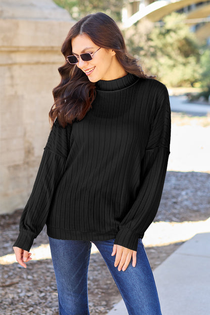 Basic Bae Full Size Ribbed Exposed Seam Mock Neck Knit Top - UrbanEthereal