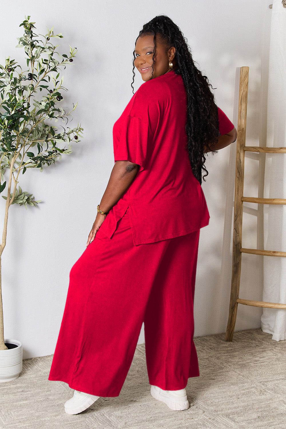 Double Take Full Size Round Neck Slit Top and Pants Set - UrbanEthereal